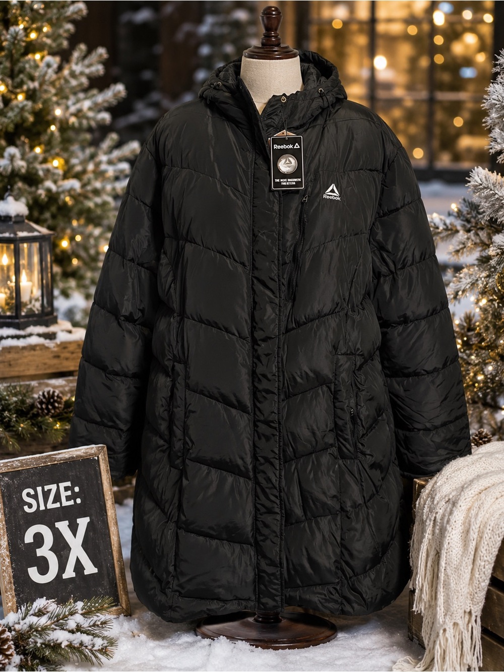 Reebok Black Quilted Hooded Puffer Coat - Women's 3X